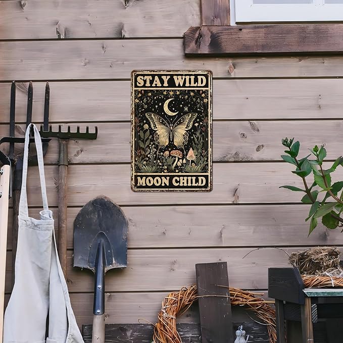 Vintage Tin Sign Butterfly Stay Wild Moon Tin Sign Retro Wall Decor for Home Office Room Wall Decor Poster 12 * 8inch