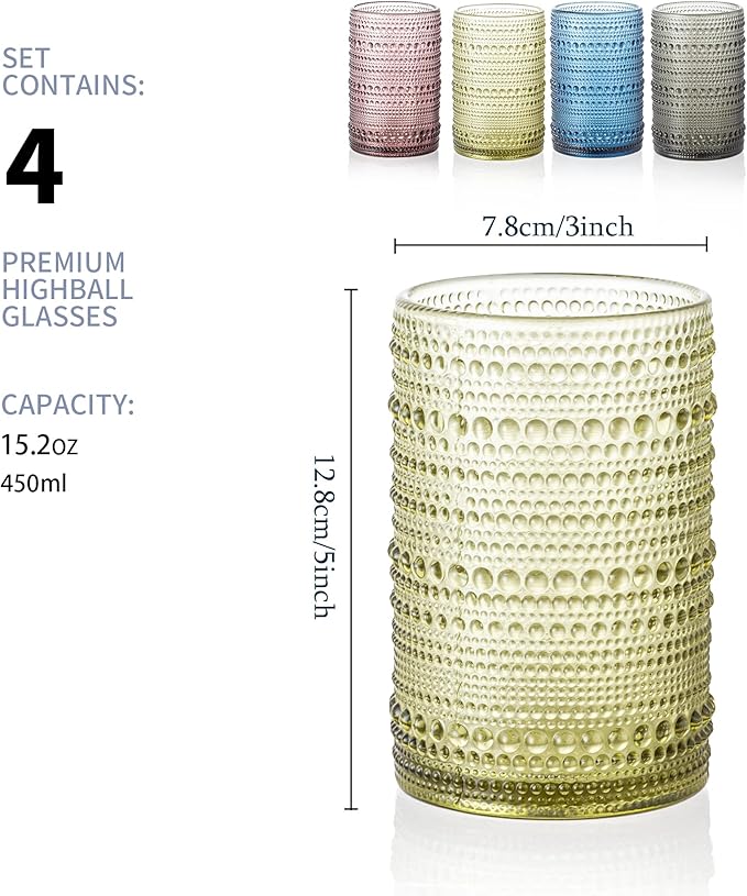 Vintage Glassware Set - 4pcs Multicolor 15.2oz Hobnail Drinking Glasses for Beer, Cocktail, Soda & Juice - Embossed Old Fashioned Glassware with Four Unique Colors
