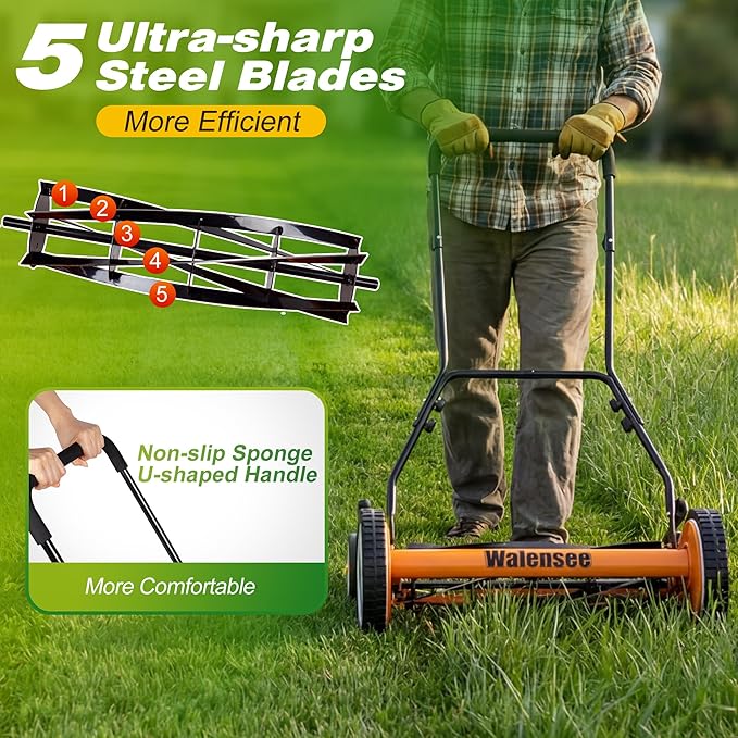 Walensee Push Reel Lawn Mower, 18-Inch 5-Blade Cordless Manual Reel Lawn Mower, Walk-Behind Steel Lawn Mower with 9-Position Cutting Height Adjustment & Sponge Grip