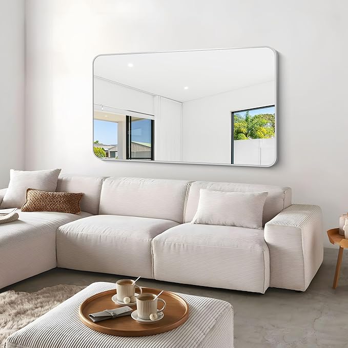 Silver Bathroom Mirror,60x36 inch Wall Mirror for Bathroom Wall Mounted,Rectangle Mirror for Bathroom Over Sink,Modern Frame Round Corner for Living Room,Bedroom Entryway,Horizontal/Vertical