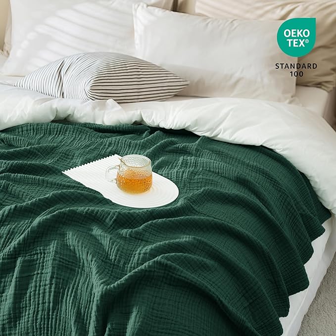 Carriediosa 100% Cotton Muslin Throw Blanket 50" X 70" Throw XL Size，4-Layers Summer Gauze Throws for Bed Couch，Soft Lightweight Breathable Linen Blankets Bedspread for Adults All Season，Dark Green