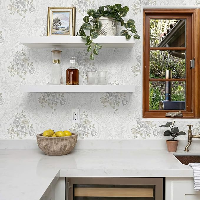 Ismoon Floral Peel and Stick Wallpaper Vintage White and Grey Contact Paper