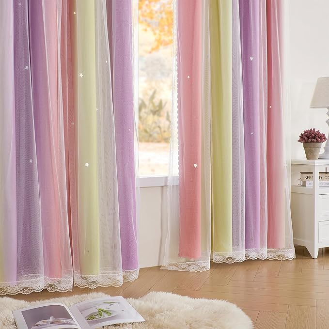 XiDi Pink Curtains for Bedroom Decor Blackout Curtains for Girl Room Rainbow