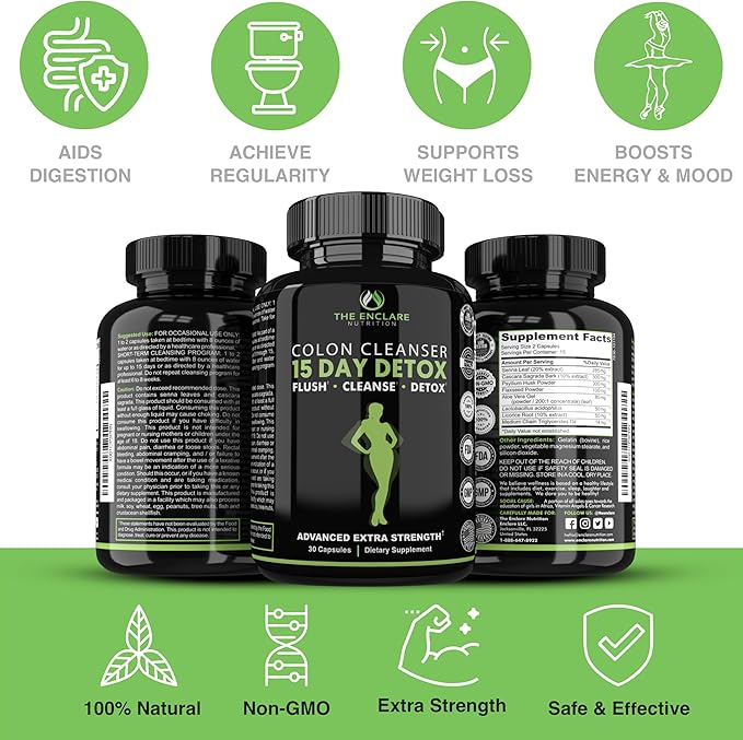THE ENCLARE NUTRITION Colon Cleanse 15 Day Gut Cleanse Pills. Colon Cleanser for Women & Men. Psyllium, Probiotic Laxatives for Constipation, Bloating Relief, Detox Cleanse for Weight Loss Support (1)