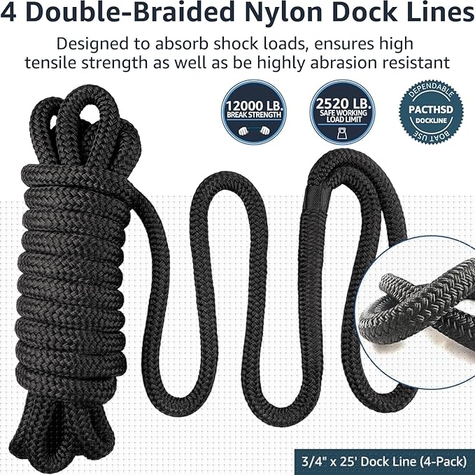 4 Pack 3/4" x 25' Dock Lines - Marine Grade Nylon Boat Rope with 15" Loop for Docking and Mooring - Double Braided Boat Lines, High Strength, Easy Handling, Fray Resistant, Heavy Duty - Black