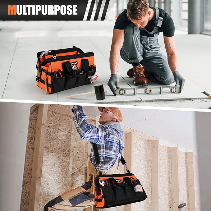 Heavy Duty Tool Bag 15-Inch, 16-Pocket Portable Soft Tool Box Organizer Storage, Handle Tactical Carry Tote Empty Toolbox with Large Zipper, Father Day Dad Men Gift for Mechanic Engineer, Orange