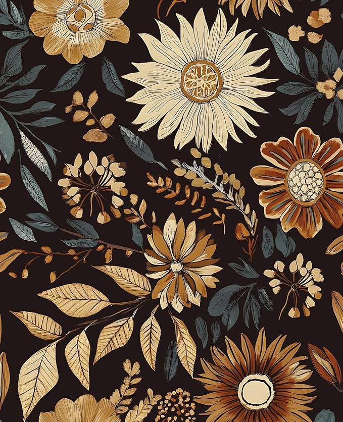 Extra Long Vintage Wallpaper Peel and Stick, 17.5" x 393" Boho Dark Floral
