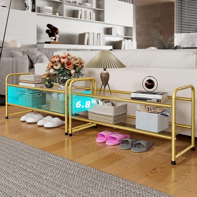 SUFAUY Shoe Rack for Closet, 33" Wide Metal Shoe Rack Organizer Heavy Duty, 2-Tier Mesh for Shoes, Gold
