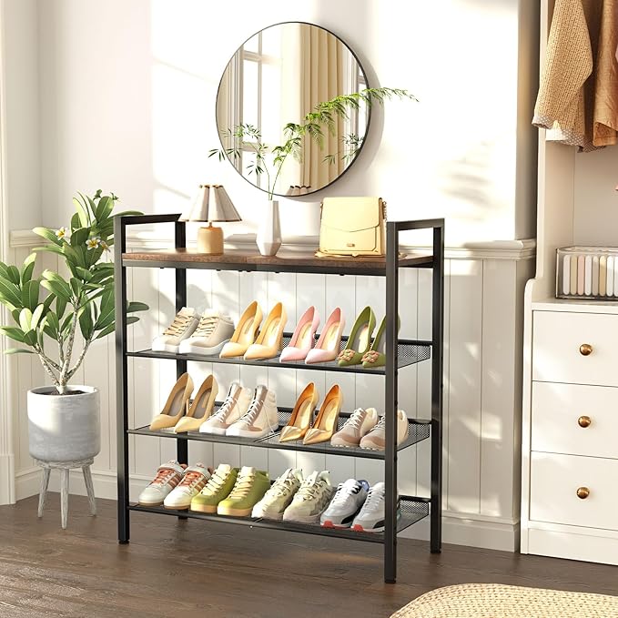 Shoe Rack for Front Door Entrance, 4 Tier Shoe Rack for Entryway, 12-16 Pairs of Shoes, Metal Shoe Rack Organizer, Free Standing Shoe Rack for Closet (Black+Rustic Brown)