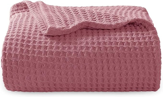 Bedsure 100% Cotton Large Throw Blanket for Couch 50x70 inches - Breathable and Soft, Waffle Weave Throw Blanket for Office, Dusty Rose