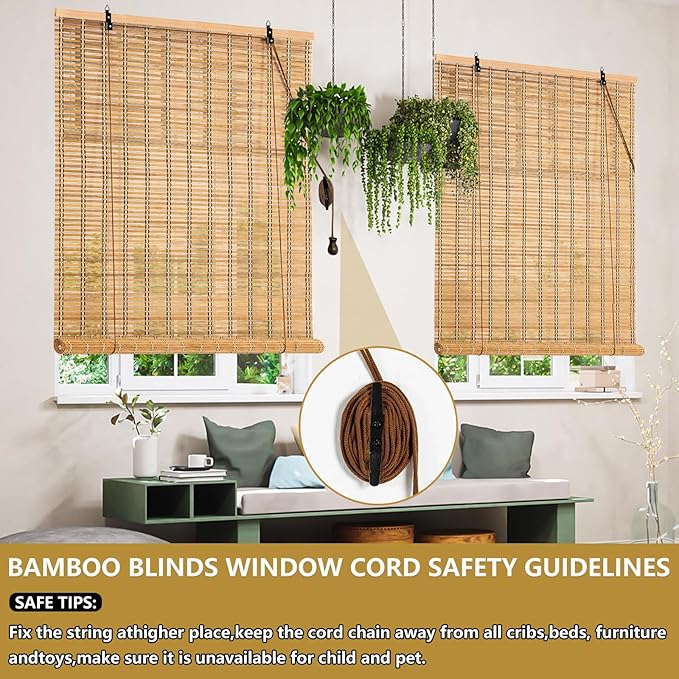60x72 Inch Bamboo Blinds for Interior Windows, UV Protection Roman Bamboo