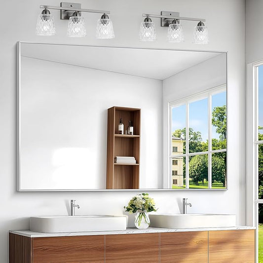 Silver Bathroom Mirror,60x40 inch Wall Mirror for Bathroom Wall Mounted,Large Rectangle Mirror for Bathroom Over Sink,Modern Metal Frame for Living Room,Bedroom Entryway,Horizontal/Vertical