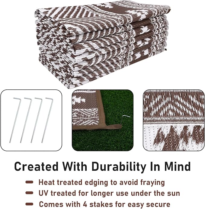Outdoor Rug 9x18 for Patio Waterproof Patio Rugs Outdoor Mats for Front Porch,Beach Mat,Reversible Plastic Camping Rugs,Camper Rugs for Outside,RV,Deck,Balcony,Backyard,Boho Brown