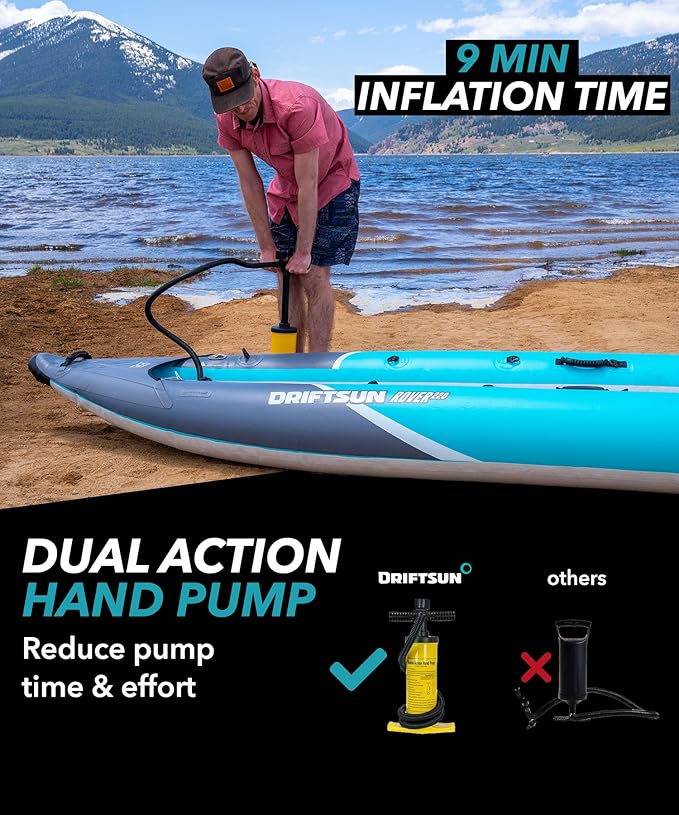 Driftsun Rover Inflatable Kayak - White Water Kayaks for 1 and 2 Person, High Pressure Dropstitch Floor Kayak for Adults with Padded Seats