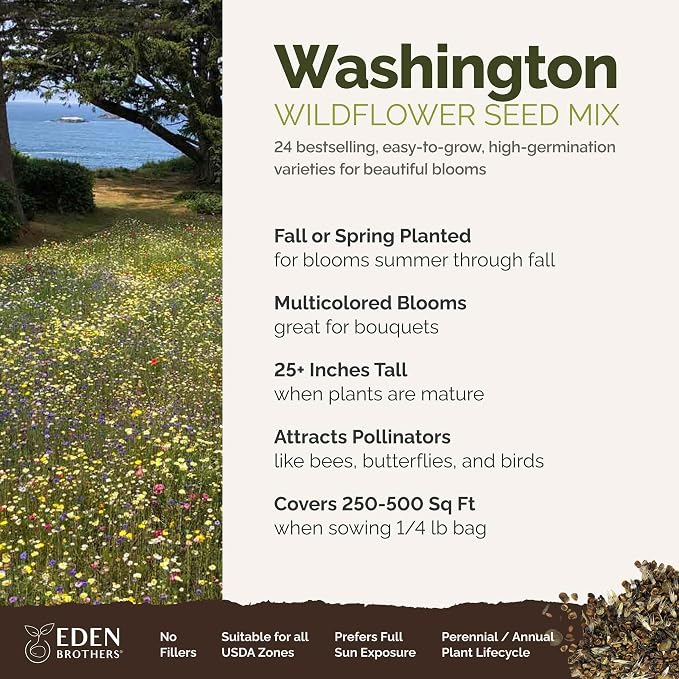 Eden Brothers Washington Wildflower Mixed Seeds for Planting, 1/4 lb, 120,000+ Seeds with Cosmos, Bluebell | Attracts Pollinators, Plant in Spring or Fall, Zones