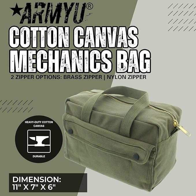 ARMYU Heavy Duty Small Tool Bag Tactical Cotton Canvas Mechanics Bag, 11" x 7" x 6", Olive