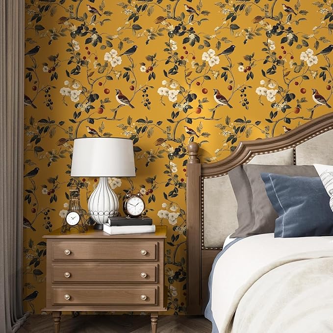 Laatse Vintage Bird Wallpaper 17.5"x393" Yellow Chinoiserie Floral Wallpaper