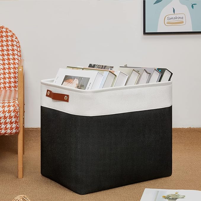 DULLEMELO Large Fabric Basket for Organizing, 17"x12"x15" Storage Basket With Leather Handles, Collapsible Storage Bin for Clothes, Toys, Books, Office, Bedroom, Closet, Nursery&Laundry (White&Black)