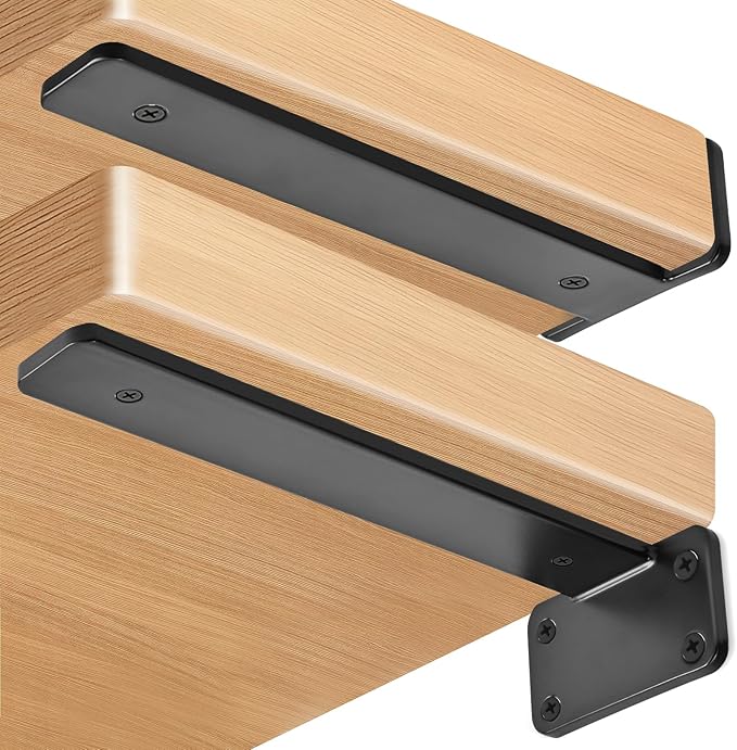 4 Pack - 12 inch Black Hidden L Shelf Bracket Iron Floating Shelf Brackets
