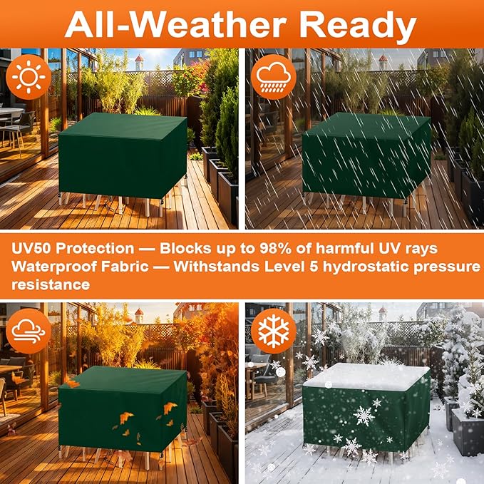 Patio Furniture Cover Rectangle 100"(L) x 44"(W) x 32"(H), Custom Heavy Duty 420D Waterproof Outdoor Cover with Drawstring & Buckles for Table Chair Garden, Green