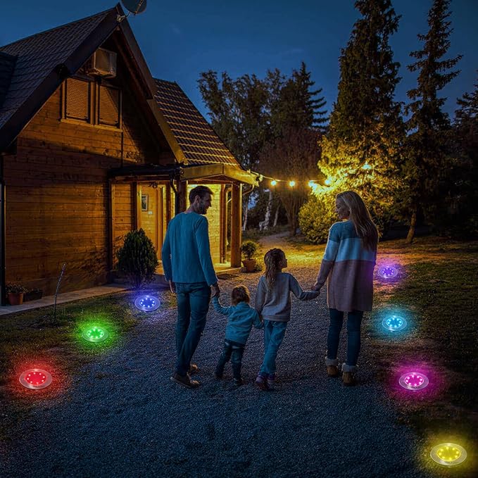LYHOPE Solar Ground Light Outdoor, 16 Pack 8 LED Color Changing Solar Disk Lights Waterproof Garden In-ground Pathway Lights Landscape Lighting for Lawn,Yard,Deck,Patio,Walkway (RGB)