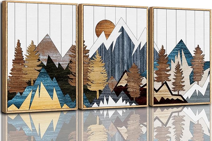 CHDITB Framed Canvas Mountain Wall Art Set, Country Woodcut Style Wall Decor, Forest Nature Wilderness Wall Painting, Modern Art Prints for Living Room, Bedroom, Farmhouse - Large Size 16"x24"x3