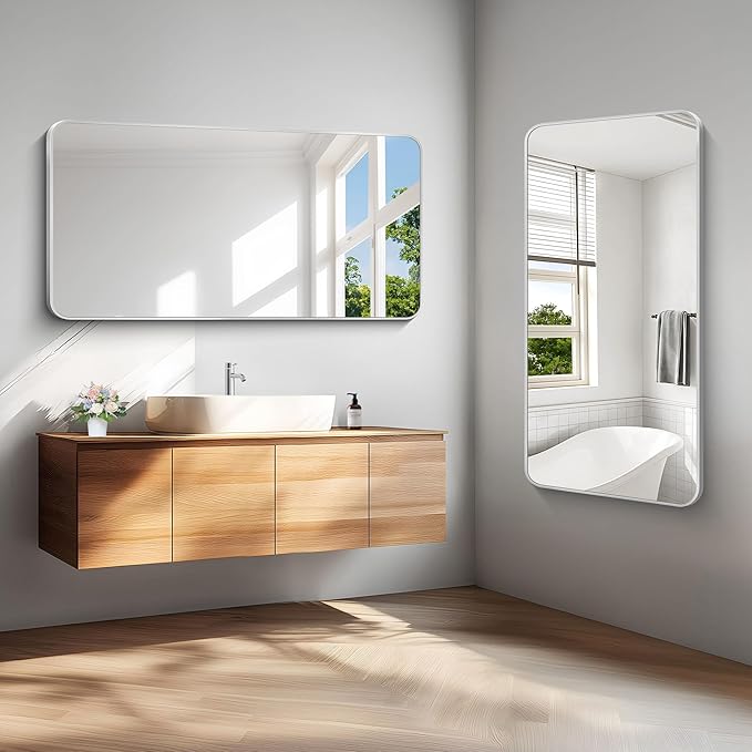 Silver Bathroom Mirror,24x48 inch Wall Mirror for Bathroom Wall Mounted,Rectangle Mirror for Bathroom Over Sink,Modern Frame Round Corner for Living Room,Bedroom Entryway,Horizontal/Vertical