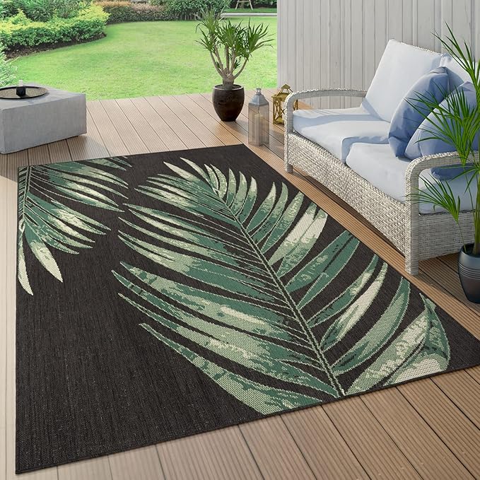 Outdoor Rug Black Green with Floral Palm Leaf Design Waterproof, Size: 2' x 3'3"