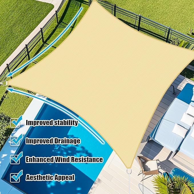 Amagenix Sun Shade Sail 14'X14'Curved Edge Outdoor Shade Canopy Beige Breathable 95% UV Block Shade Cloth for Patio Garden Backyard (We Make Custom Size)