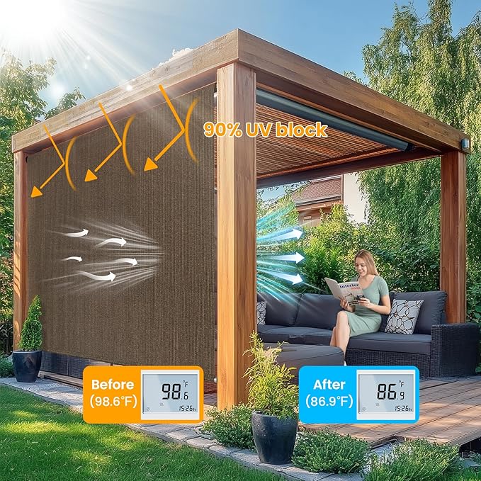 8'W x 6'H Mocha Patio Shades Roll up Outdoor Roller Shade Crank Wand Blind