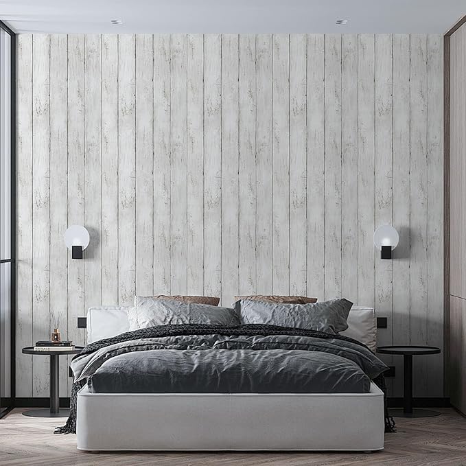 White Grey Wood Paper 17.71 in X 205 in Self-Adhesive Removable Peel and Stick