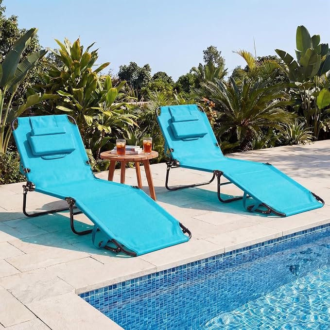 GYMAX Tanning Chair, 330lbs Beach Lounge Chair with Face Hole, Washable Pillow & Carry Strap, Adjustable Folding Chaise Lounge, Layout Lounger for Outside, Patio, Poolside, Lawn (2, Arctic)