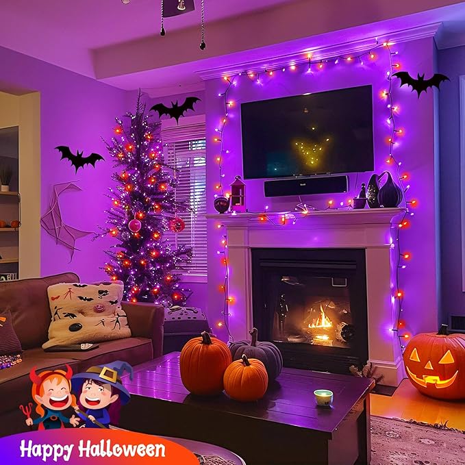 JMEXSUSS Orange and Purple Halloween Lights: 132ft 400 LED String Lights Plug in - Halloween Lights Indoor Outdoor for Yard Tree Porch