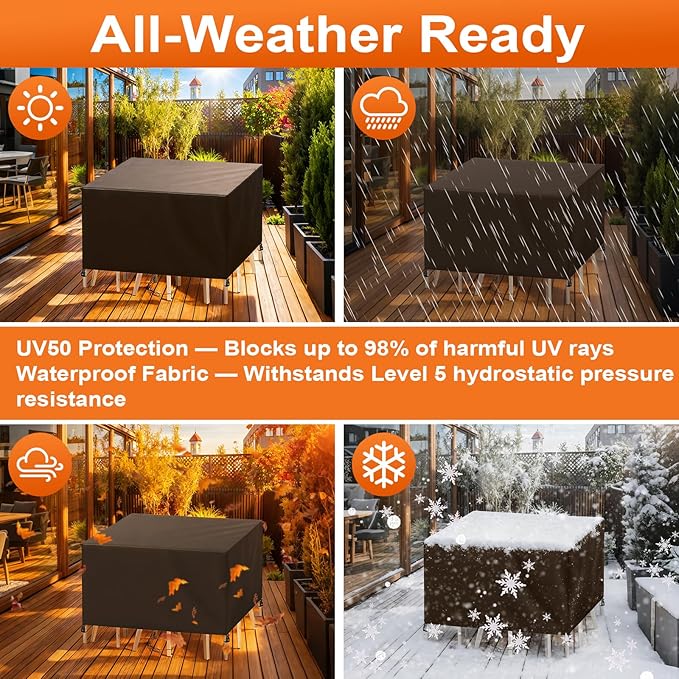 Patio Furniture Cover Rectangle 116"(L) x 56"(W) x 32"(H), Custom Heavy Duty 420D Waterproof Outdoor Cover with Drawstring & Buckles for Table Chair Garden, Coffee
