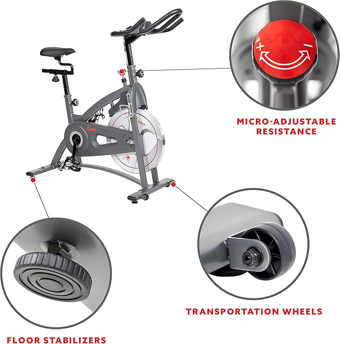 Sunny Health & Fitness Indoor Cycling Exercise Bike w/Pulse Sensors & 4-Way Adjustable Seat, Stationary Home Cardio Training Machine w/Micro-Adjustable Magnetic Resistance for Intensive Cardio Session