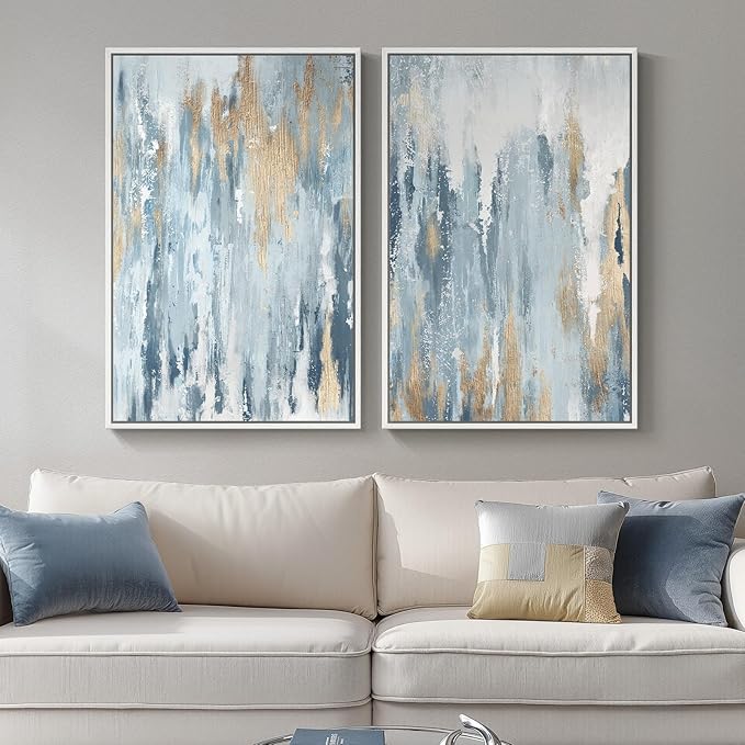 Large White Framed Blue and Gold Abstract Canvas Wall Art