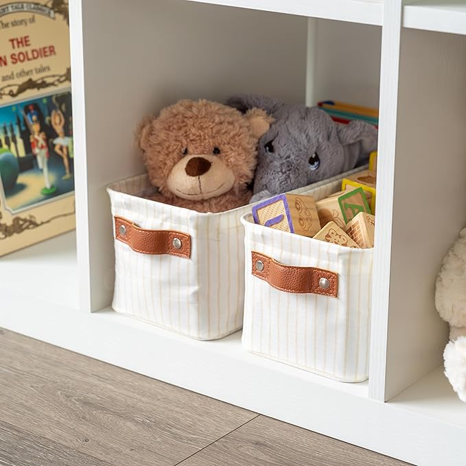 OrganiHaus Narrow Storage Bins 15x06in, Small Closet Bins for Shelves, Bathroom Storage Baskets, Narrow Baskets, Fabric Organizer with Handles, Toilet Paper Organizer - 2 Pack, White w/Brown Stripes