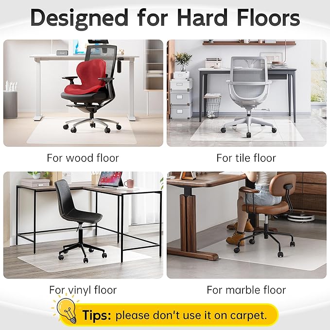 Crystal Clear Chair Mat for Hardwood Floor, 48” x 36” Office Chair Mat for Hard Floors, 1/8” Thick Office Mat for Rolling Chairs