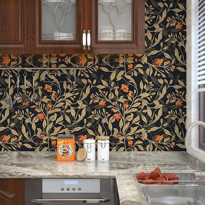 Dark Floral Wallpaper Peel Stick, Vintage Botanical Removable Contact Paper