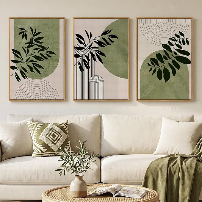 Framed Boho Botanical Wall Art for Living Room, 3 Piece Modern Green Bohemian