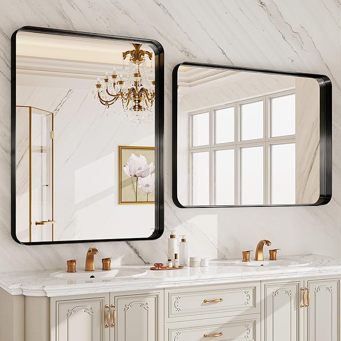 Matte Black Metal Framed Vanity Rounded Rectangle Bathroom 24X32 Inch Mirrors