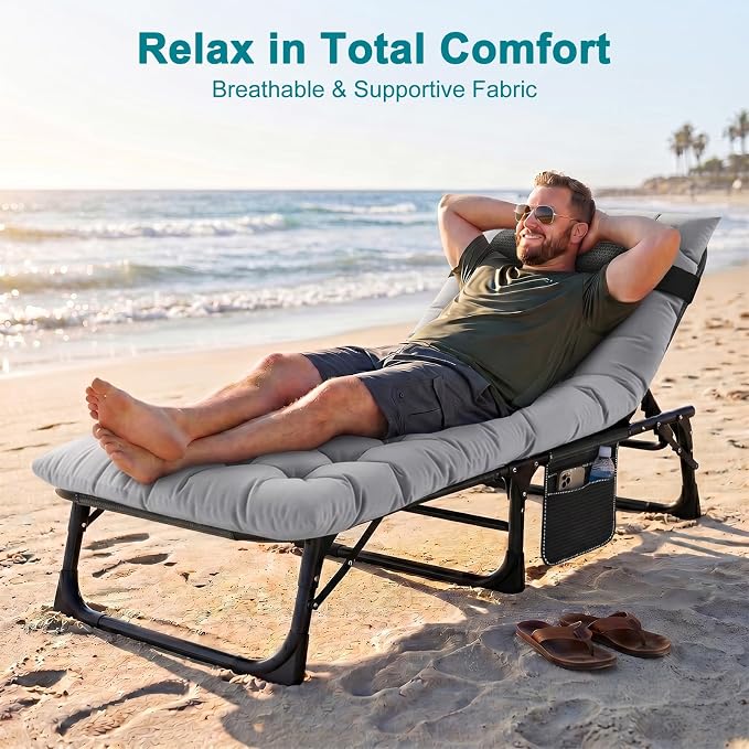 ABORON Tanning Chair, 5-Position Padded Folding Chaise Lounge | 5-position folding chaise lounge supports 500 lb and has a removable cushion and pillow for sunbathing, poolside or patio.
