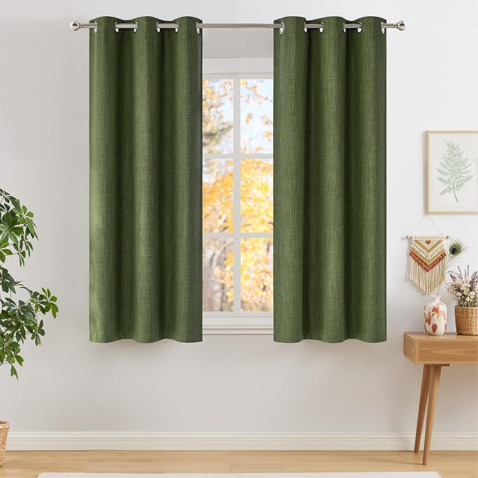 NICETOWN Short Faux Linen Froest Green Blackout Curtains 63 inches Long