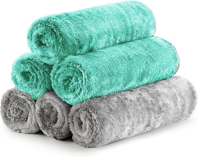 Fantasticlean Microfiber Car Detailing Towels, Car Drying Towel with Edge, Plush, Coral Fleece, 700GSM, 16" x 16", 6 Pack, Scratch-Free, Ultra Absorbent, Car RV Boat Home Cleaning (Grey and Green)