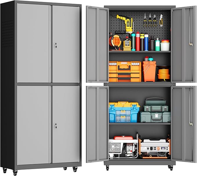 Garage Storage Cabinet with Wheels, Lockable Metal Storage Cabinet