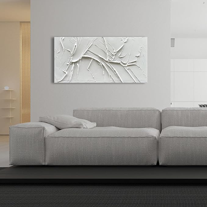 NANKAI Hand-Painted Thick Texture White Minimalist Oil Painting 24x48 Inches Contemporary Abstract Art Oil Painting, Home, Office Wall Decoration Art