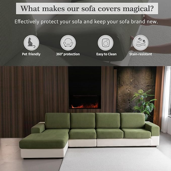 OHSIO Sectional Couch Covers, Wear Resistant Stretch Sofa Covers Washable Soft Couch Cushion Covers Anti Slip Furniture Protector Sofa Slipcovers for Pets (1 Piece Back Couch Cover, Green)