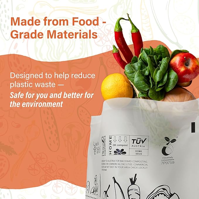 Compostable Food Storage Bags, Large Gallon Resealable Freezer Bags, 30 Count, 10.5 x 10.6 inches, Extra Thick and Reusable, Eco-Friendly, Certified US BPI ASTM D6400 Europe OK Compost