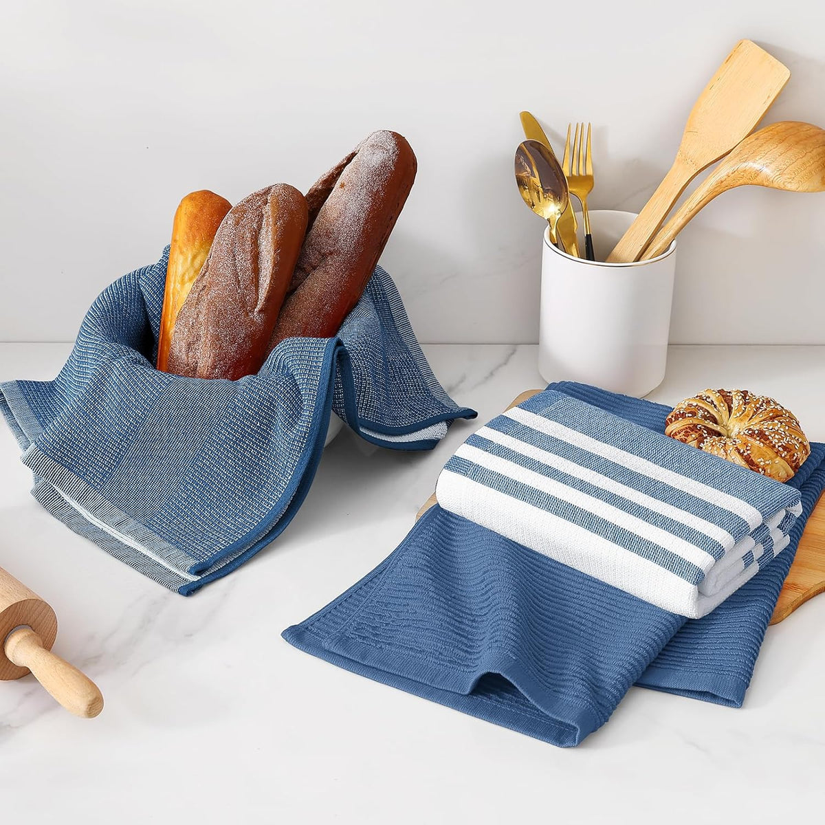 Homaxy Premium Kitchen Towels(18”x 28”, 9 Pack), Large Cotton 380 GSM Kitchen Hand Towels, Soft and Absorbent Terry Dish Towels, Multipurpose Tea Towel Set with Hanging Loop, Navy Blue