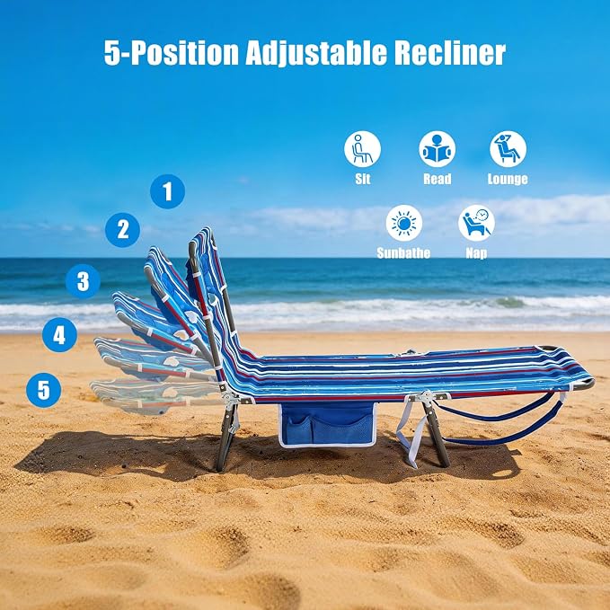 SUNNYFEEL Beach Lounge Chair, Reclining Beach Chairs Lay Flat, Sun Face Down Tanning Chair, Folding Camping Chairs Portable Camp Cot with Straps for Outdoor/Picnic/Lawn